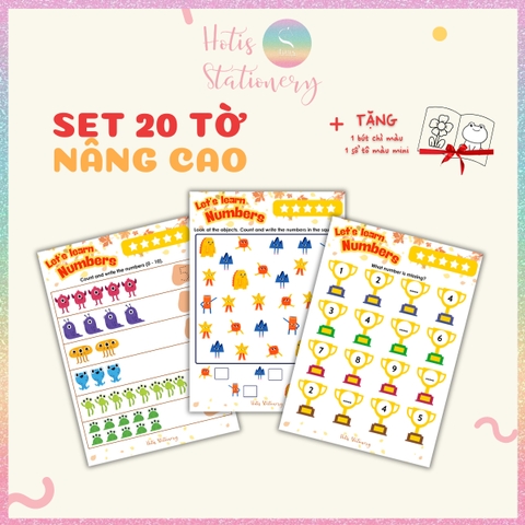 [HOTIS] Bé làm quen số đếm 1-10, bộ học liệu Montessori 20 tờ học toán cho bé, giấy A4 in màu