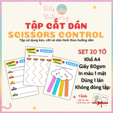 [HOTIS] Bé tập dùng kéo cắt dán giấy, tăng độ linh hoạt đôi tay, bộ học liệu Montessori Tiếng Anh 20 tờ, giấy A4 in màu