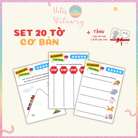 [HOTIS] Bé tập dùng kéo cắt dán giấy, tăng độ linh hoạt đôi tay, bộ học liệu Montessori Tiếng Anh 20 tờ, giấy A4 in màu