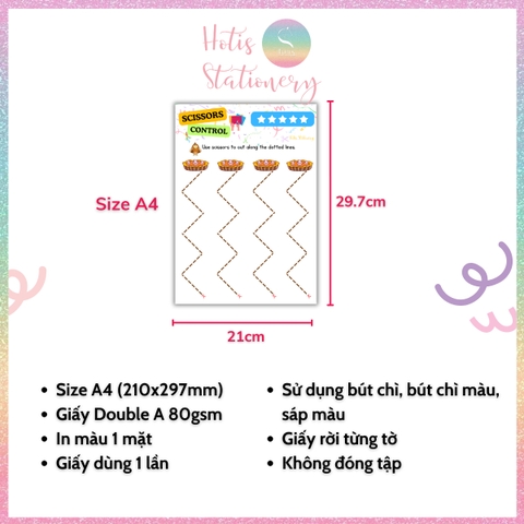 [HOTIS] Bé tập dùng kéo cắt dán giấy, tăng độ linh hoạt đôi tay, bộ học liệu Montessori Tiếng Anh 20 tờ, giấy A4 in màu