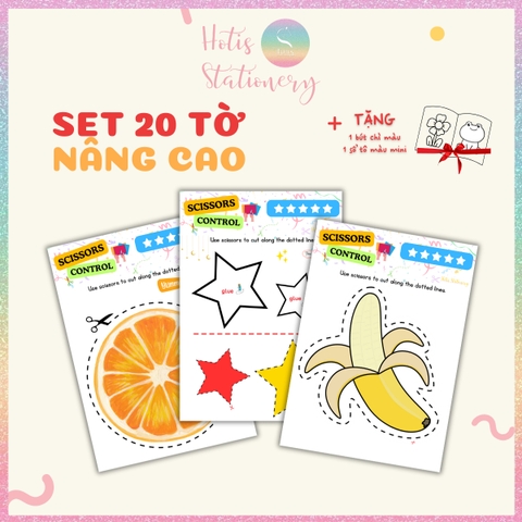 [HOTIS] Bé tập dùng kéo cắt dán giấy, tăng độ linh hoạt đôi tay, bộ học liệu Montessori Tiếng Anh 20 tờ, giấy A4 in màu