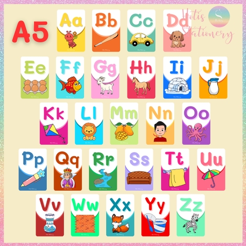 [HOTIS] Bộ 26 thẻ flashcard A6 / A5 chữ cái Tiếng Anh dạy bé nhận biết chữ in chữ thường giáo cụ dạy học