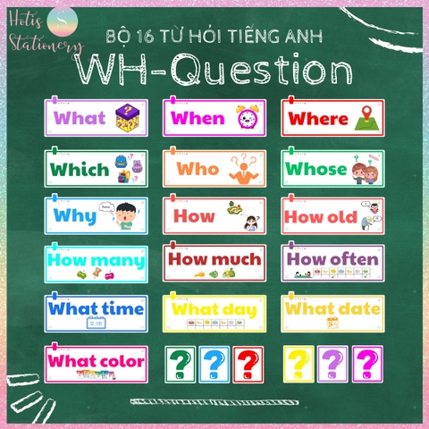 [HOTIS] Bộ 16 Thẻ Từ Hỏi Tiếng Anh WH-Question Dán Bảng - Giáo Cụ Dạy Học Tiểu Học, Chất Liệu Bìa Cứng Ép Nhựa