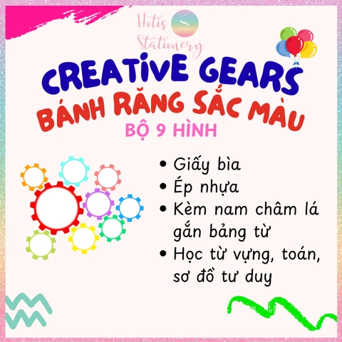 [HOTIS] Bộ 9 Hình Bánh Răng Sắc Màu Creative Gears Dán Bảng Từ - Hỗ Trợ Học Từ Vựng, Toán Học, Sơ Đồ Tư Duy Cho Bé
