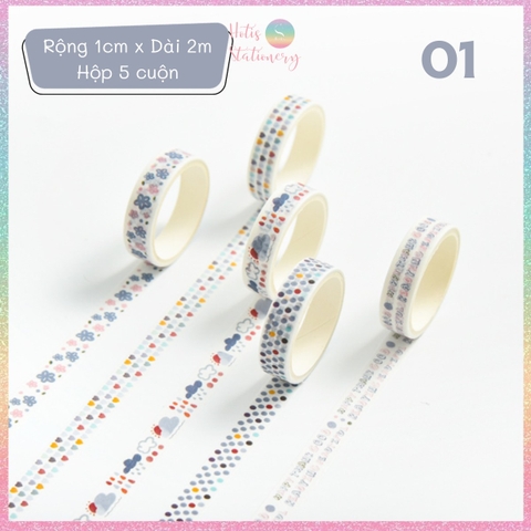 [HOTIS] Hộp 5 cuộn washi tape có hoa văn đa dạng - Rộng 1cm, Dài 2m