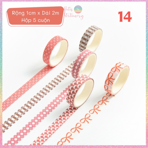 [HOTIS] Hộp 5 cuộn washi tape có hoa văn đa dạng - Rộng 1cm, Dài 2m