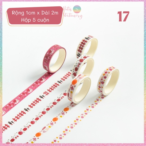 [HOTIS] Hộp 5 cuộn washi tape có hoa văn đa dạng - Rộng 1cm, Dài 2m