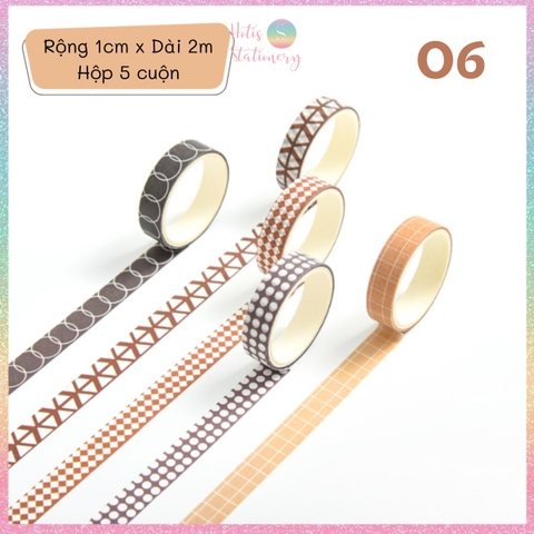 [HOTIS] Hộp 5 cuộn washi tape có hoa văn đa dạng - Rộng 1cm, Dài 2m