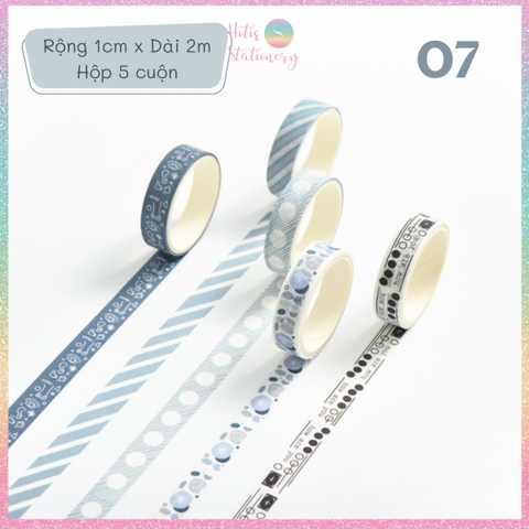 [HOTIS] Hộp 5 cuộn washi tape có hoa văn đa dạng - Rộng 1cm, Dài 2m