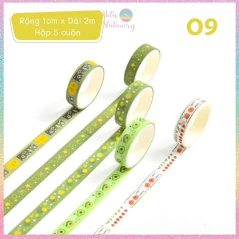 [HOTIS] Hộp 5 cuộn washi tape có hoa văn đa dạng - Rộng 1cm, Dài 2m