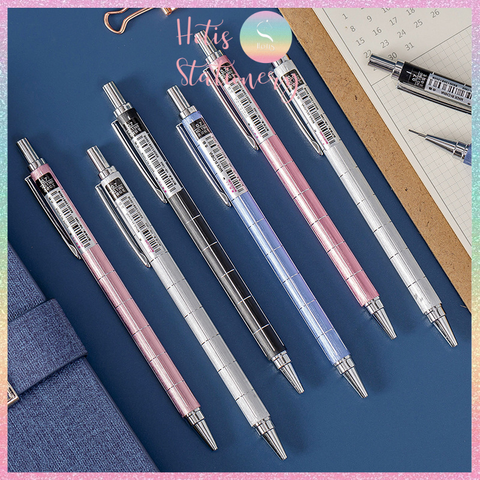 [HOTIS] Bút chì bấm kim ngòi 0.5/ 0.7mm, thân bút bằng kim loại có kẻ rãnh sọc