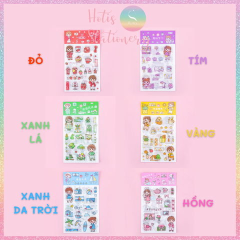[HOTIS] Set 4 tấm sticker cô bé cute trang trí sổ tay, bàn học - 18x10.5cm
