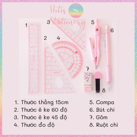 [HOTIS] Bộ compa thước kẻ 8 món màu pastel cực xinh