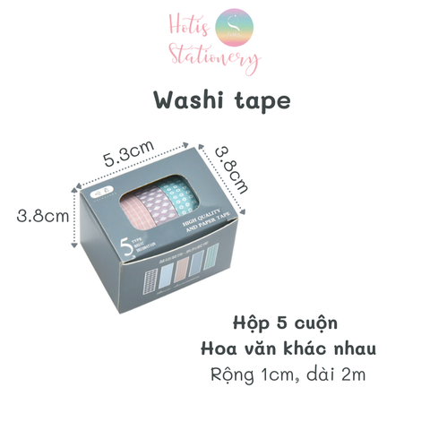 [HOTIS] Hộp 5 cuộn washi tape có hoa văn đa dạng - Rộng 1cm, Dài 2m