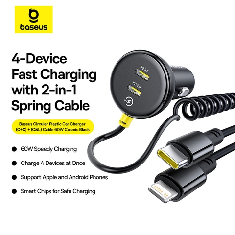 Tẩu Sạc Cho Ô Tô Baseus Circular Plastic Car Charger 60W (With 1.4m Spring Cable)