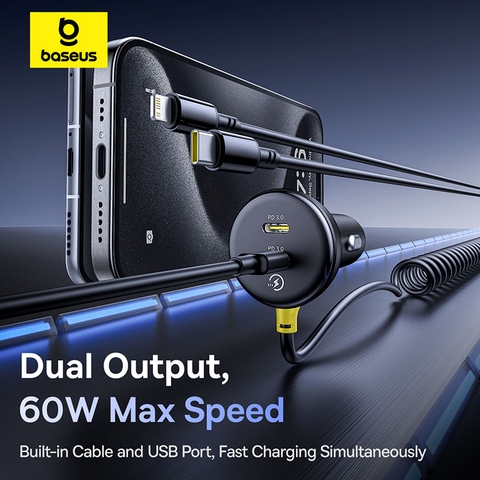 Tẩu Sạc Cho Ô Tô Baseus Circular Plastic Car Charger 60W (With 1.4m Spring Cable)
