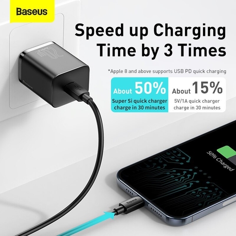 Bộ sạc nhanh 20W USB Type C Baseus Super SI Quick Charger QC3.0 cho iPhone 12 (1C, 20W, Chân dẹt)