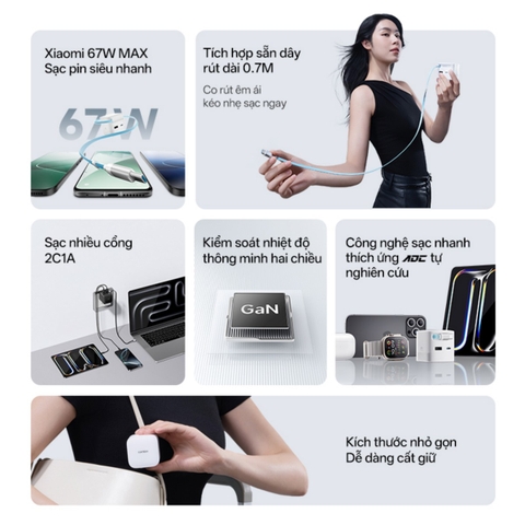 Cuktech có củ sạc nhanh Cuktech 67W GaN Charger (cáp Built-in USB-C) – AD653W thiết kế nhỏ gọn, có cáp rút tích hợp