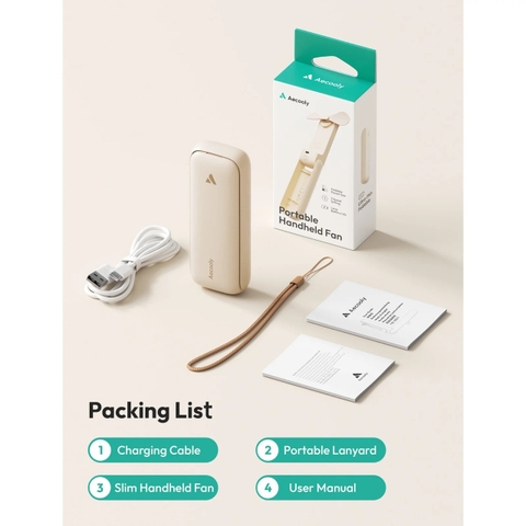 AECOOLY Pocket 01 – Quạt Cầm Tay Gập Gọn, Pin 2000mAh, 3 Chế Độ Gió, 3600rpm, Thời Gian Dùng 17h