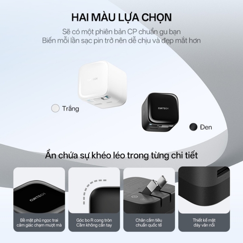 Cuktech có củ sạc nhanh Cuktech 67W GaN Charger (cáp Built-in USB-C) – AD653W thiết kế nhỏ gọn, có cáp rút tích hợp