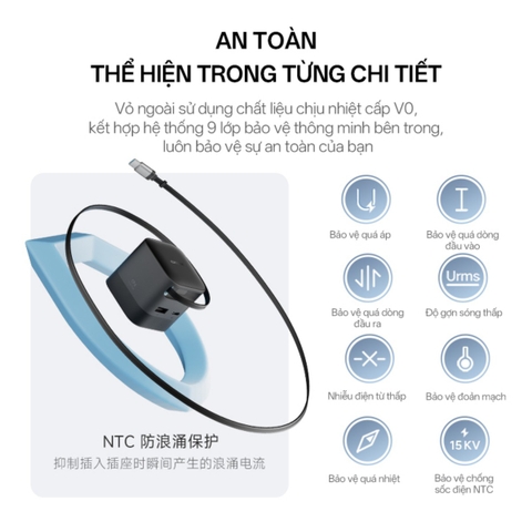 Cuktech có củ sạc nhanh Cuktech 67W GaN Charger (cáp Built-in USB-C) – AD653W thiết kế nhỏ gọn, có cáp rút tích hợp