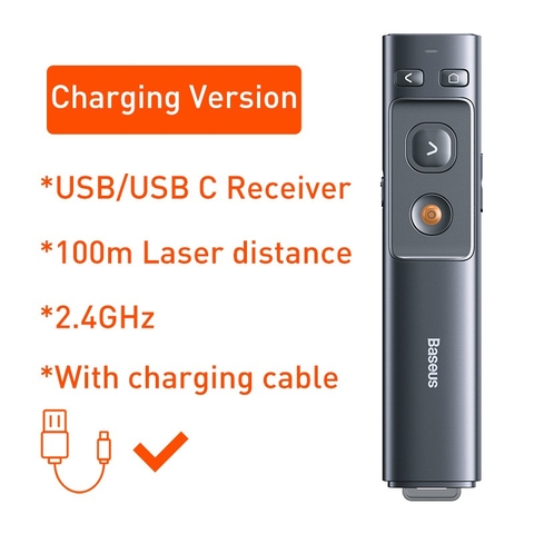 Bút Laser trình chiếu Baseus Orange Dot Wireless Presenter cho Laptop/ Macbook (100m. 2.4Ghz USB/Type C Receiver, Wirele