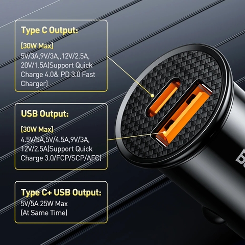 Bộ tẩu sạc nhanh đa năng dùng cho xe hơi Baseus Circular Plastic PPS Car Charger (30W, PD/ QC 3.0/ SCP/ AFC, Quick Charger )