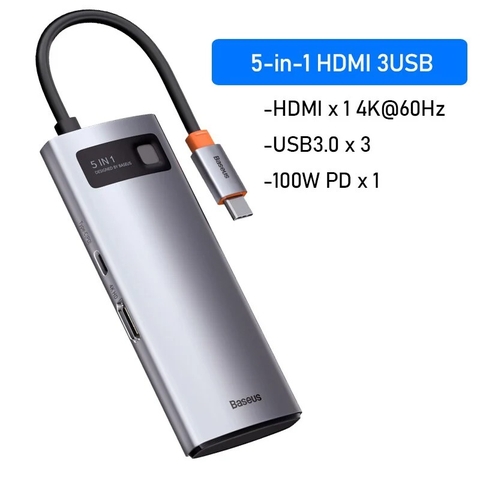 Hub chuyển đa năng Baseus Metal Gleam Series Multifunctional Docking Station ( Type-C to HDMI/ USB3.0/ LAN / SD Card Reader/ Type C PD 100W, Multifunctional HUB)