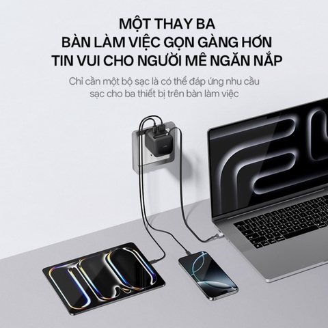 Cuktech có củ sạc nhanh Cuktech 67W GaN Charger (cáp Built-in USB-C) – AD653W thiết kế nhỏ gọn, có cáp rút tích hợp