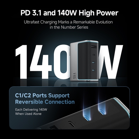 Sạc 3 cổng USB-C và 1 cổng USB-A 140W CukTech AD1404U công nghệ GaN hỗ trợ PD3.1/PPS/UFCS chân cắm dẹt