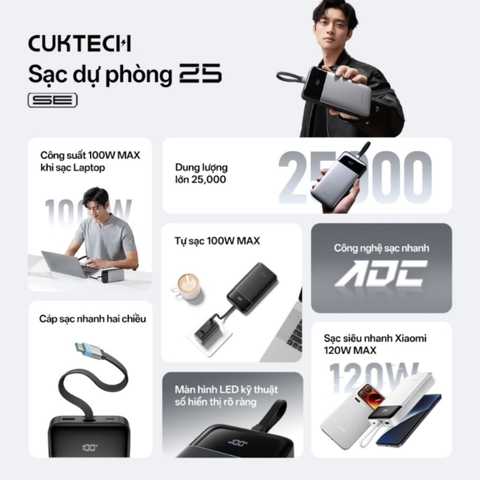 Pin Sạc Dự Phòng CUKTECH 25 SE 25000mAh 120W, Cáp Type-C Tích Hợp, Màn Hình Hiển Thị, Sạc Nhanh - LPB252N