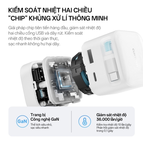 Cuktech có củ sạc nhanh Cuktech 67W GaN Charger (cáp Built-in USB-C) – AD653W thiết kế nhỏ gọn, có cáp rút tích hợp