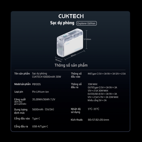 Pin dự phòng Cuktech 10.000mAh Power Bank 30W PD3.0/PPS/QC3.0 – PB100S