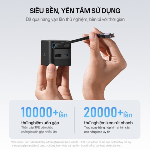 Cuktech có củ sạc nhanh Cuktech 67W GaN Charger (cáp Built-in USB-C) – AD653W thiết kế nhỏ gọn, có cáp rút tích hợp