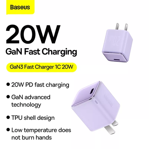 Củ Sạc Nhanh, Siêu Nhỏ Gọn Baseus GaN3 1C 20W cho iPhone/ iPad/ Samsung/ Xiaomi/ Huawei (PD/ QC Multi Quick Charge Support, Smart Protect)