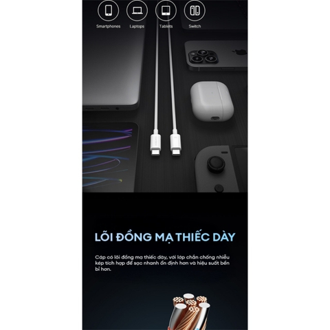 Cáp Sạc Nhanh C to C 2m 240W CUKTECH CTC520P Hỗ Trợ PD 3.1, PPS, CarPlay, Android Auto