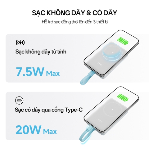 Sạc dự phòng không dây Cuktech 10.000mAh Hít từ tính + Tích hợp cáp Type C – WPB100L