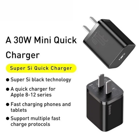 Củ sạc nhanh Baseus Super Si Quick Charger 30W dùng cho iPhone/ Samsung/ OPPO (30W, Type C, PD/ QC3.0 Quick charger)