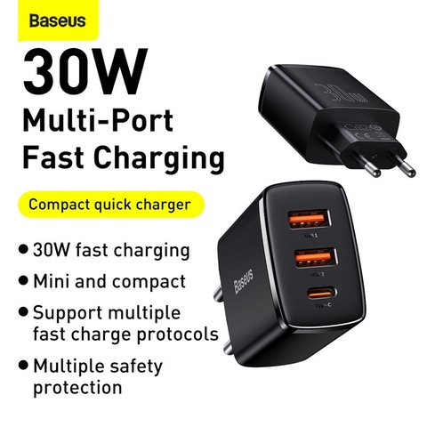 Cốc sạc nhanh siêu nhỏ gọn Baseus Compact Quick Charger 30W(USB dual port +Type C,30w PD/QC3.0 Multi Quick Charge Support)
