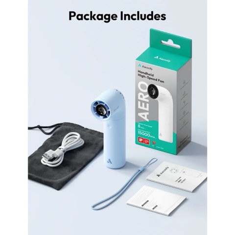 AECOOLY Aero – Quạt Cầm Tay Pin 2000mAh, Thời Gian Dùng 15h, 4 Chế Độ Gió, Hiển Thị LED, Tốc Độ 15000RPM