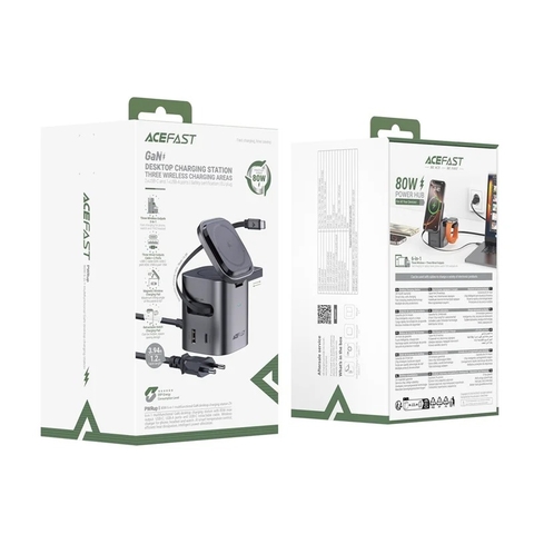 Trạm sạc nhanh để bàn ACEFAST Z9 GaN 80W 6 trong 1 đa năng, tích hợp cáp USB-C, củ sạc adapter chân EU