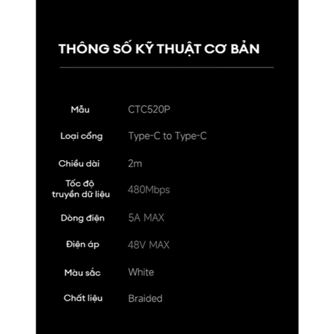 Cáp Sạc Nhanh C to C 2m 240W CUKTECH CTC520P Hỗ Trợ PD 3.1, PPS, CarPlay, Android Auto