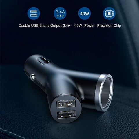 Bộ tẩu sạc mở rộng 3 trong 1 dùng cho xe hơi Baseus Y Type Dual USB (40W, 3.4A Fast Charge, Intelligent Car charger)