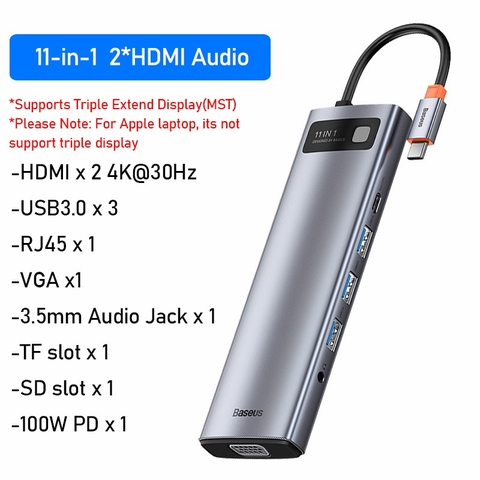 Hub chuyển đa năng Baseus Metal Gleam Series Multifunctional Docking Station ( Type-C to HDMI/ USB3.0/ LAN / SD Card Reader/ Type C PD 100W, Multifunctional HUB)