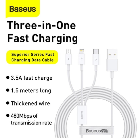 Cáp sạc 3 đầu Baseus Superior Series 3 in 1 (USB to Type C+ IP + Micro USB, 3.5A/ 1.5m, TPE Fast Charging Data Cable)