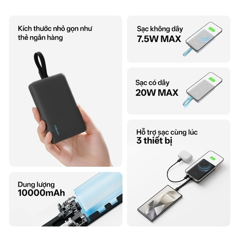 Sạc dự phòng không dây Cuktech 10.000mAh Hít từ tính + Tích hợp cáp Type C – WPB100L