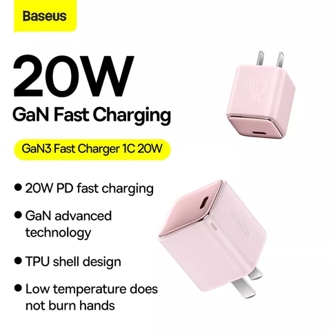 Củ Sạc Nhanh, Siêu Nhỏ Gọn Baseus GaN3 1C 20W cho iPhone/ iPad/ Samsung/ Xiaomi/ Huawei (PD/ QC Multi Quick Charge Support, Smart Protect)