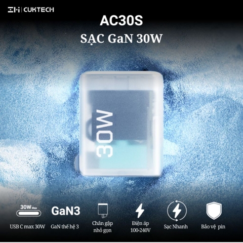 Sạc nhanh Cuktech 30W trong suốt siêu nhỏ PD/PPS/QC3.0 – AC30S