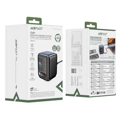 Bộ Sạc Để Bàn GaN ACEFAST Z10 100W Màn Hình TFT, 2 Cổng USB-C + USB-A, Cáp Rút Tích Hợp, Sạc Nhanh Đa Thiết Bị