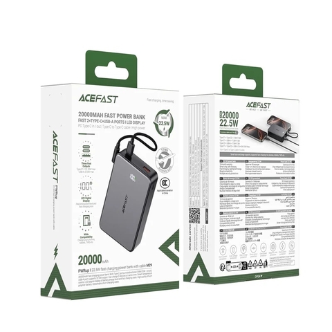 Pin Sạc Dự Phòng ACEFAST M29 20000mAh Sạc Nhanh 22.5W 2 Cổng Type-C + USB-A Kèm Cáp Sạc Chính Hãng